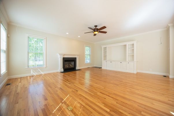 Empty room, Fireplace, Interior, Recessed Lighting, Wood Texture Flooring