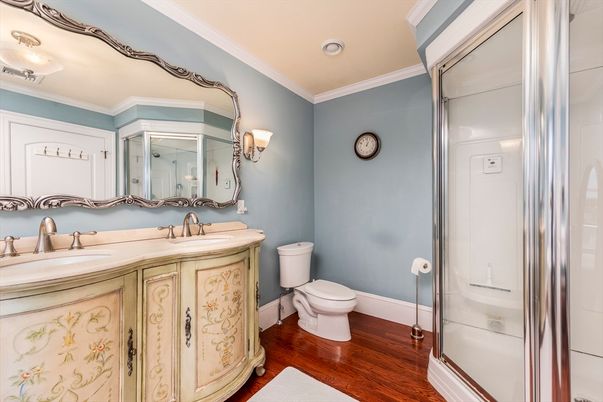 Bathroom, Glass Shower, Interior, Recessed Lighting, Wood Texture Flooring
