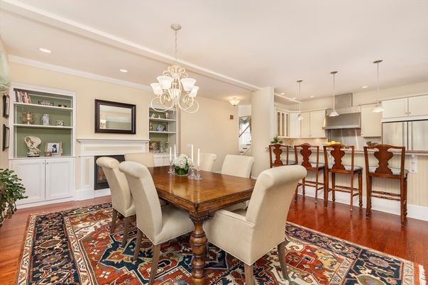 Chandelier, Dining room, Fireplace, Interior, Kitchen, Pendant Lights, Recessed Lighting, Wood Texture Flooring