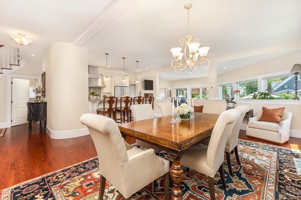 Chandelier, Dining room, Interior, Kitchen, Pendant Lights, Recessed Lighting, Wood Texture Flooring