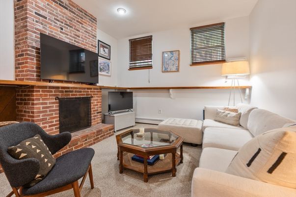 Fireplace, Interior, Living room, Recessed Lighting, Stone Walls