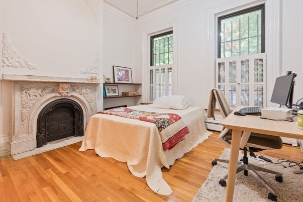 Bedroom, Fireplace, Home Office, Interior, Wood Texture Flooring