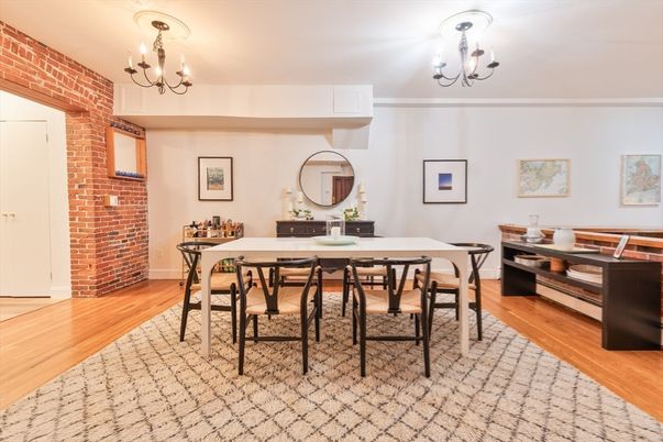 Chandelier, Dining room, Interior, Stone Walls, Wood Texture Flooring
