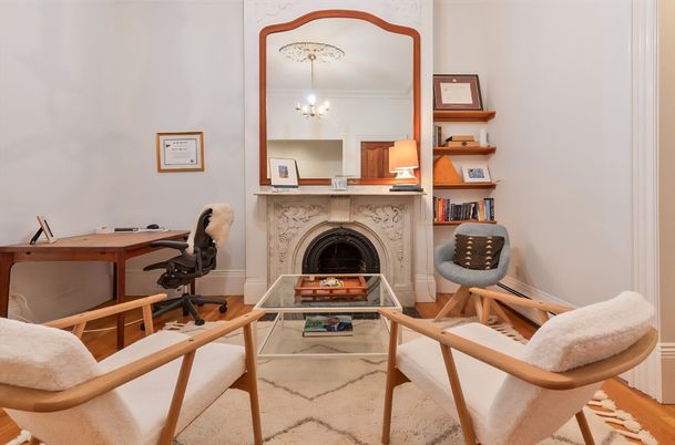 Chandelier, Fireplace, Home Office, Interior, Wood Texture Flooring