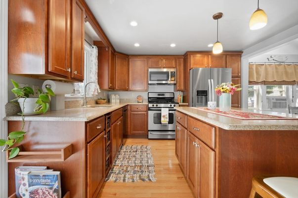 Interior, Kitchen, Pendant Lights, Recessed Lighting, Stainless Steel Appliances, Wood Texture Flooring