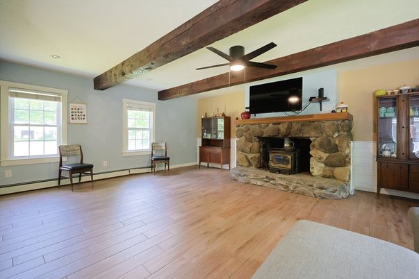 Fireplace, Interior, Recessed Lighting, Wooden Beams, Wood Texture Flooring