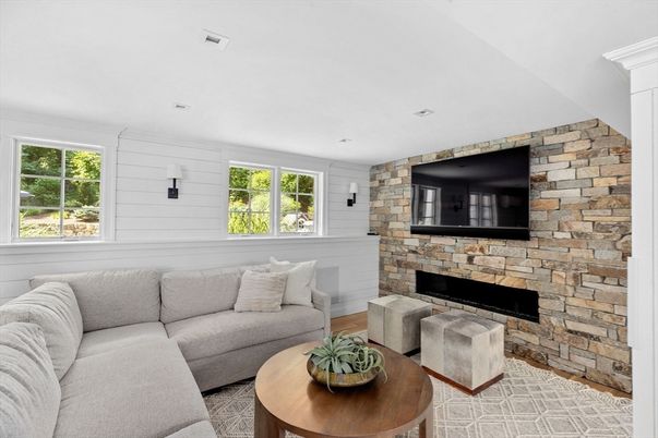 Fireplace, Interior, Living room, Recessed Lighting, Stone Walls