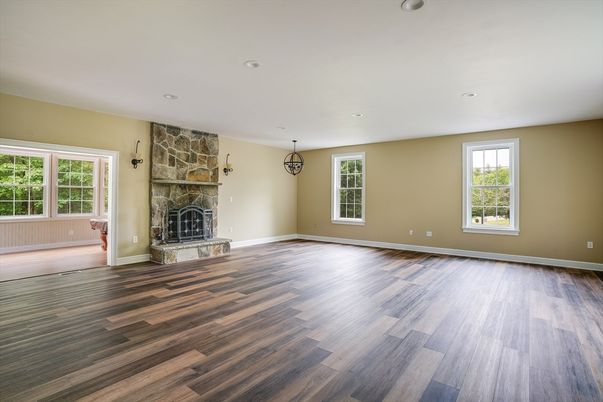 Empty room, Fireplace, Interior, Recessed Lighting, Wood Texture Flooring