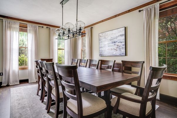 Chandelier, Dining room, Interior, Pendant Lights, Wood Texture Flooring