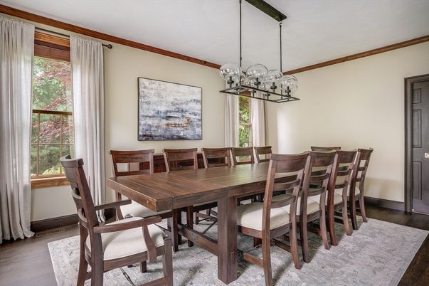 Chandelier, Dining room, Interior, Pendant Lights, Wood Texture Flooring