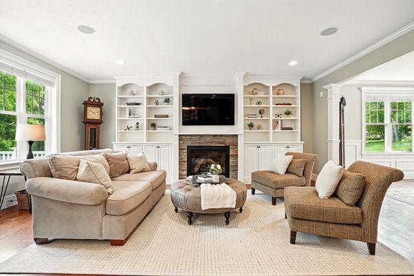 Fireplace, Interior, Living room, Recessed Lighting, Wood Texture Flooring