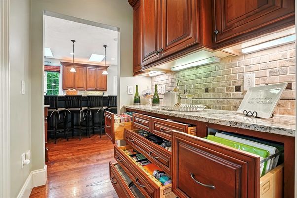 Interior, Kitchen, Pendant Lights, Stone Walls, Wood Texture Flooring