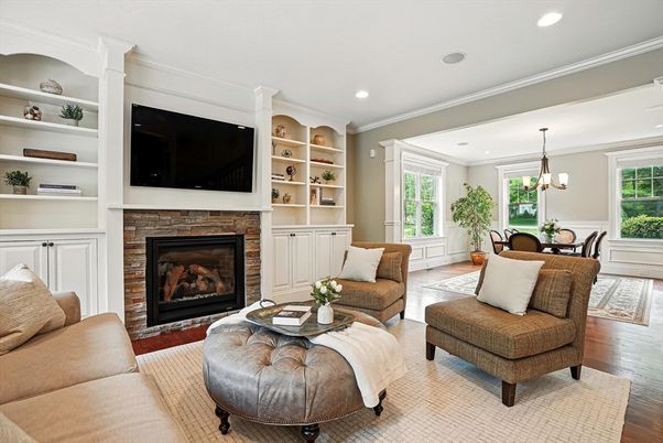 Dining room, Fireplace, Interior, Living room, Pendant Lights, Recessed Lighting, Wood Texture Flooring