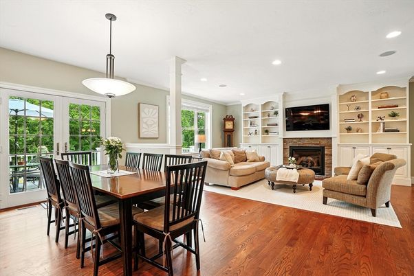 Dining room, Fireplace, Interior, Living room, Pendant Lights, Recessed Lighting, Wood Texture Flooring