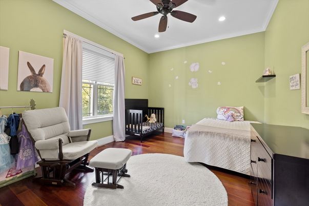 Bedroom, Fireplace, Interior, Recessed Lighting, Wood Texture Flooring