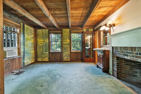 Empty room, Fireplace, Interior, Stone Walls, Wooden Beams, Wooden Ceilings