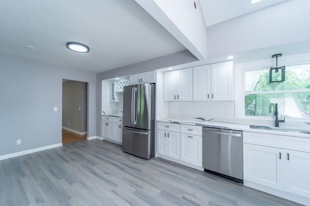 Interior, Kitchen, Recessed Lighting, Stainless Steel Appliances, Wood Texture Flooring