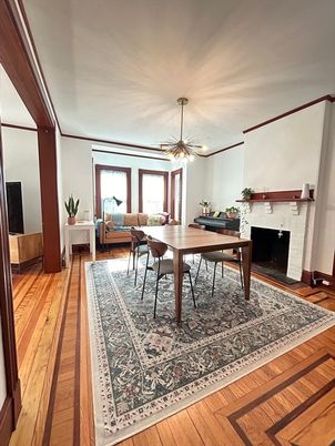 Dining room, Fireplace, Interior, Pendant Lights, Wood Texture Flooring