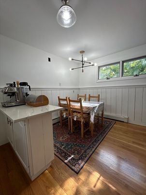 Dining room, Interior, Pendant Lights, Wood Texture Flooring