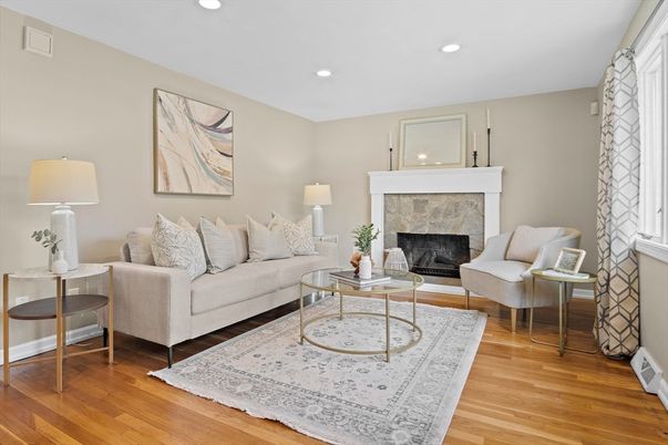 Fireplace, Interior, Living room, Recessed Lighting, Wood Texture Flooring