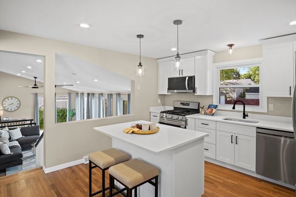 Interior, Kitchen, Pendant Lights, Recessed Lighting, Stainless Steel Appliances, Wood Texture Flooring