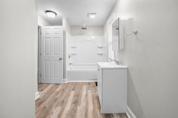 Bathroom, Interior, Washer, Wood Texture Flooring