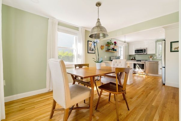 Dining room, Interior, Kitchen, Pendant Lights, Stainless Steel Appliances, Wood Texture Flooring