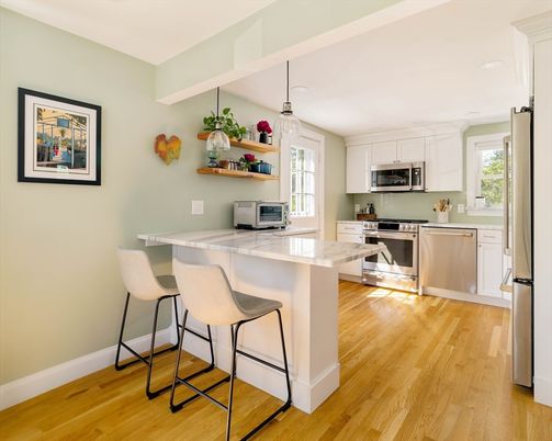 Interior, Kitchen, Pendant Lights, Stainless Steel Appliances, Wood Texture Flooring