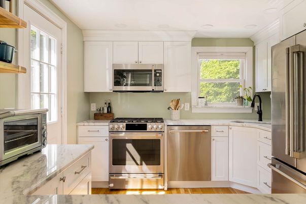 Interior, Kitchen, Recessed Lighting, Stainless Steel Appliances, Wood Texture Flooring