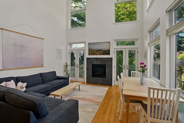 Dining room, Fireplace, Interior, Living room, Wood Texture Flooring