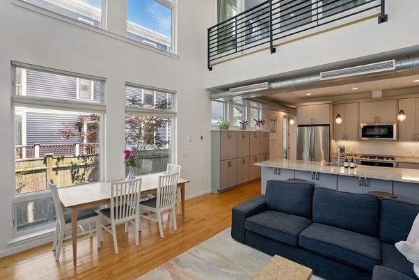 Dining room, Interior, Kitchen, Living room, Pendant Lights, Recessed Lighting, Stainless Steel Appliances, Wood Texture Flooring