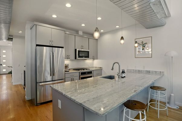 Interior, Kitchen, Pendant Lights, Recessed Lighting, Stainless Steel Appliances, Wood Texture Flooring