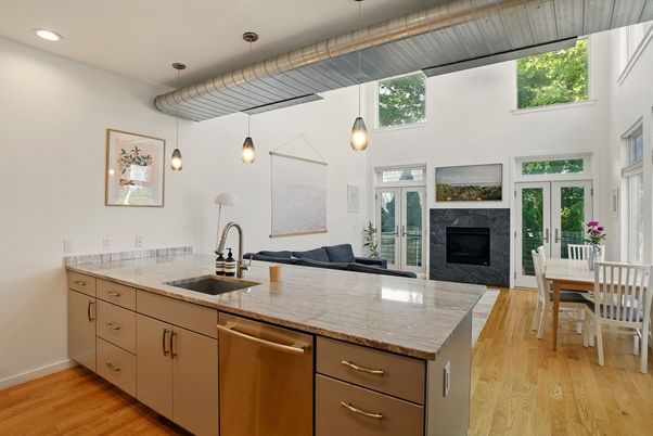 Dining room, Fireplace, Interior, Kitchen, Pendant Lights, Recessed Lighting, Wood Texture Flooring