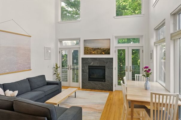 Dining room, Fireplace, Interior, Living room, Wood Texture Flooring