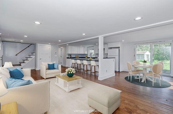Dining room, Interior, Kitchen, Living room, Recessed Lighting, Wood Texture Flooring
