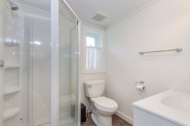 Bathroom, Glass Shower, Interior, Wood Texture Flooring