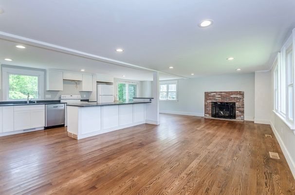 Empty room, Fireplace, Interior, Kitchen, Recessed Lighting, Wood Texture Flooring