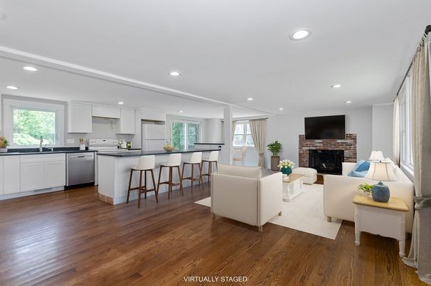 Fireplace, Interior, Kitchen, Living room, Recessed Lighting, Wood Texture Flooring