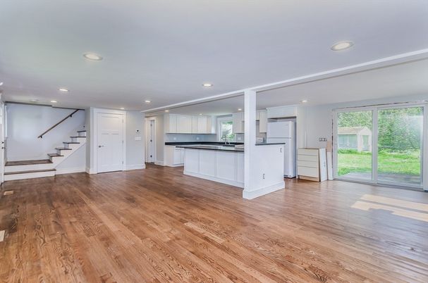 Empty room, Interior, Kitchen, Recessed Lighting, Wood Texture Flooring