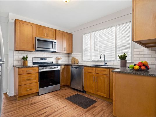 Interior, Kitchen, Stainless Steel Appliances, Wood Texture Flooring