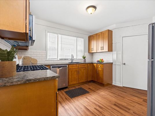 Interior, Kitchen, Stainless Steel Appliances, Wood Texture Flooring