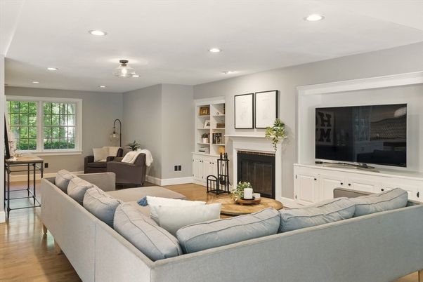Fireplace, Interior, Living room, Recessed Lighting, Wood Texture Flooring