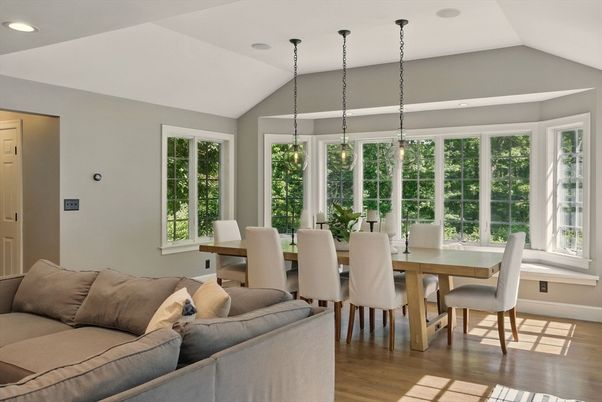 Dining room, Interior, Pendant Lights, Recessed Lighting, Wood Texture Flooring