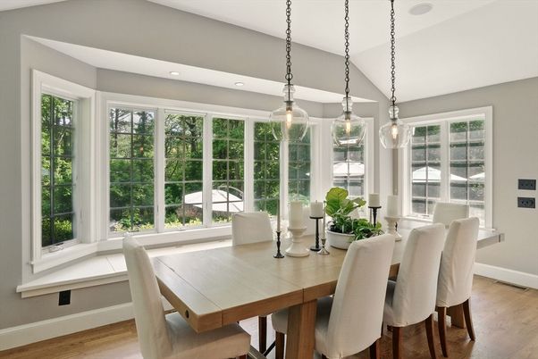 Dining room, Interior, Pendant Lights, Recessed Lighting, Wood Texture Flooring