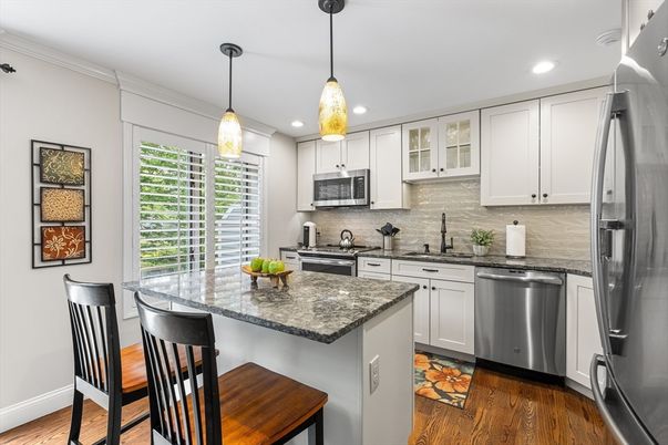 Interior, Kitchen, Pendant Lights, Recessed Lighting, Stainless Steel Appliances, Wood Texture Flooring