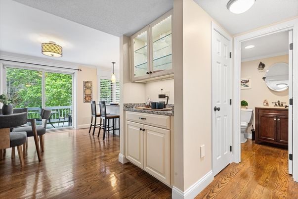 Dining room, Interior, Kitchen, Pendant Lights, Recessed Lighting, Wood Texture Flooring