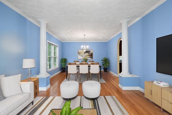 Chandelier, Dining room, Interior, Wood Texture Flooring