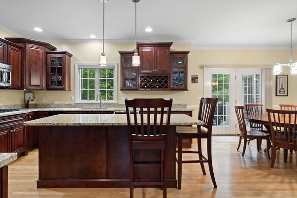Dining room, Interior, Kitchen, Pendant Lights, Recessed Lighting, Wood Texture Flooring