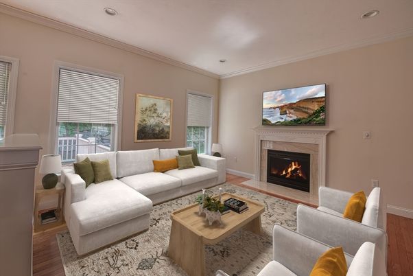 Fireplace, Interior, Living room, Recessed Lighting, Wood Texture Flooring