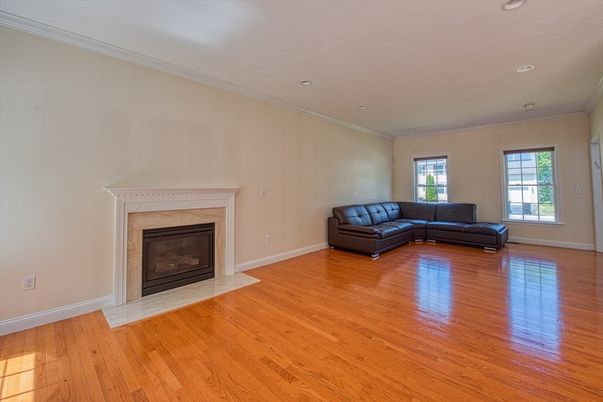 Empty room, Fireplace, Interior, Living room, Recessed Lighting, Wood Texture Flooring